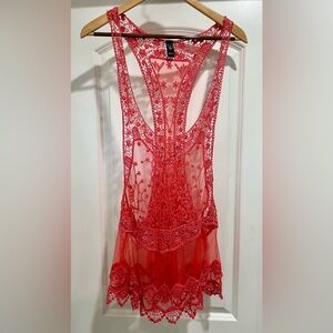 Pink/coral Lace Sheer textured top